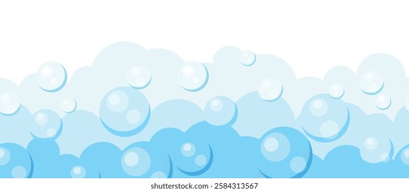 
Background with fluffy foam bubbles in cartoon style. Vector illustration of blue air bubbles of large, medium and small sizes isolated on white background. Washing. Bathing. Lather.