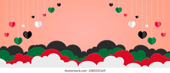 Background flyer banner luxury pink with cloud color palestine flag with love paper origami.