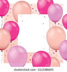 Hintergrund mit fliegenden Luftballons, Papierbannern und Konfetti-Teilchen.