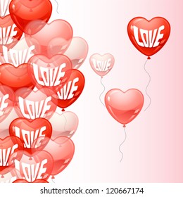 Background with flying balloons in the shape of a heart.