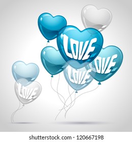 Background with flying balloons in the shape of a heart.