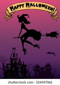 Background with flying beautiful sexy witch silhouette 