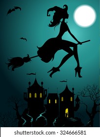 Background With Flying Beautiful Sexy Witch Silhouette 