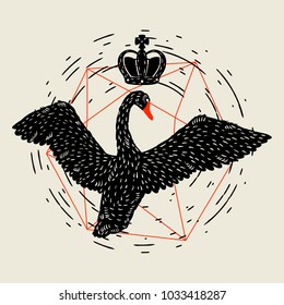 Background with flying black swan. Hand drawn bird.
