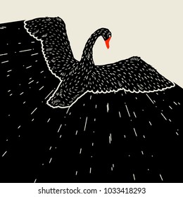 Background with flying black swan. Hand drawn bird.