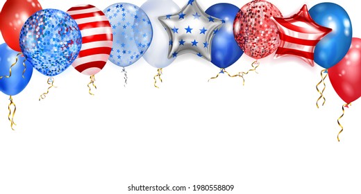 Background with flying colored balloons in the colors of the USA flag. Illustration for the Independence Day of the United States of America