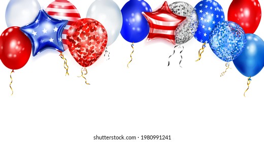 Fondo con globos de color volador en los colores de la bandera de Estados Unidos. Ilustración del Día de la Independencia de los Estados Unidos de América
