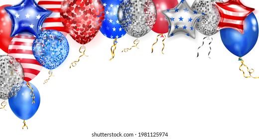 Background with flying colored balloons in the colors of the USA flag. Illustration for the Independence Day of the United States of America