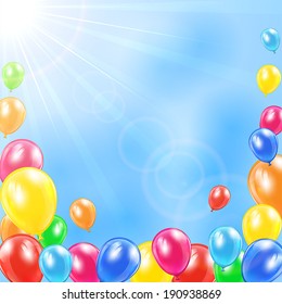 Background with flying colored balloons in sky, illustration.