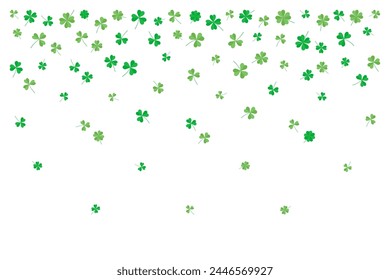 Background of flying green clover leaves, three and four leaf. Vector illustration for cover, banner, poster, card, web and packaging. 