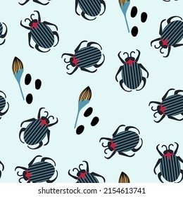 Background with flying insects. Illustration with beetles in flowers for an abstract textile pattern. Insects in the rainforest. A substrate with scribbles. Vector illustration