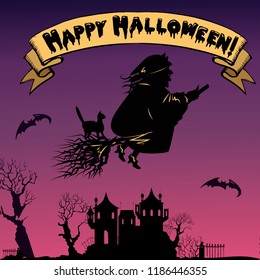 Background with flying old  witch silhouette. Happy halloween lettering