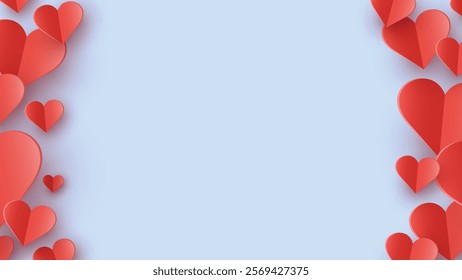 Background with flying paper cut hearts. Abstract design for Valentine’s Day, Mother’s Day and Women’s Day. Vector illustration