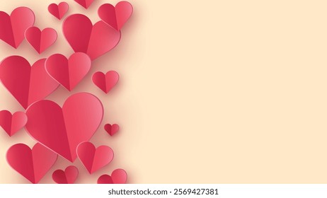 Background with flying paper cut hearts. Abstract design for Valentine’s Day, Mother’s Day and Women’s Day. Vector illustration