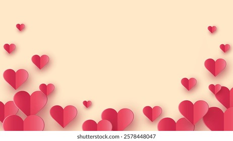 Background with flying paper cut hearts. Abstract design for Valentine’s Day, Mother’s Day and Women’s Day. Vector illustration