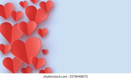 Background with flying paper cut hearts. Abstract design for Valentine’s Day, Mother’s Day and Women’s Day. Vector illustration