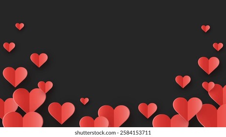 Background with flying paper cut hearts. Abstract design for Valentine’s Day, Mother’s Day and Women’s Day. Vector illustration