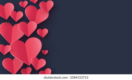 Background with flying paper cut hearts. Abstract design for Valentine’s Day, Mother’s Day and Women’s Day. Vector illustration