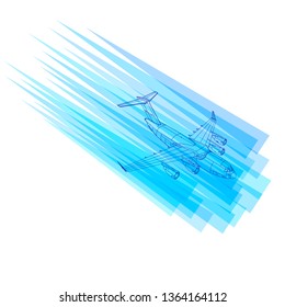 Background with flying plane. Logo with the contour of a flying plane and blue lines. Vector illustration