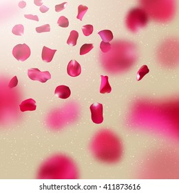 Background with flying rose petals on beige background, vector illustration