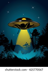 Background with flying UFO, star sky and black forest.