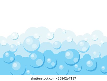 Background with foam bubbles in cartoon style. Vector illustration of blue, white air bubbles of large, medium and small sizes isolated on white background. Washing. Bathing.