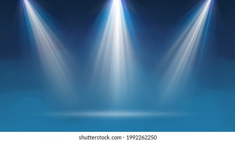 Background with fog spotlight. Illuminated blue smoky scene. Background for displaying products. Bright beams of spotlights, shimmering glittering particles, a spot of light. Vector illustration