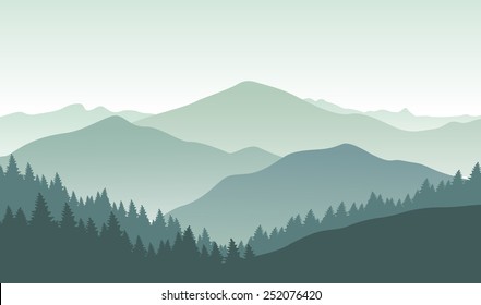 Background with foggy green mountains. Vector illustration.