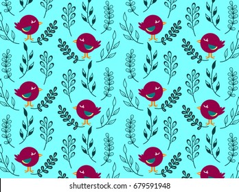 Background with foliage and funny birds. Children's themes