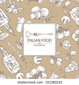 Background with folk , vegetables, cheese, olive oil and champignon. hand drawn.