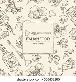 Background with  folk, vegetables, cheese, olive oil and champignon. hand draw.