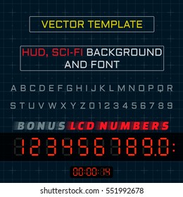 Background, Font And LCD Numbers For Heads-Up Display - HUD. Science Fiction User Interface.