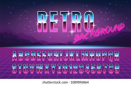 Background and font in style arcades the 80s. Music poster template. Vector illustration.