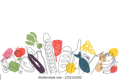 Background with  Food. Pattern with Vegetables, Fruits, Meat and Bakery Products. Continuous drawing style. Vector illustration.