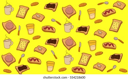 background with food, sandwiches, coffee, tea and milk. Vector