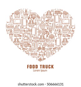 Background food truck. Elements are in linear style. Ideal for design of cards, postcards, banners, packaging.