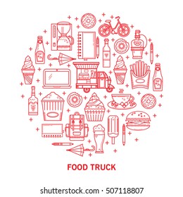 Background food truck. Elements are in linear style. Ideal for design of cards, postcards, banners, packaging.