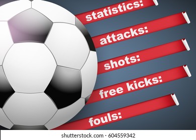 Background of Football Soccer sports. Infographic of list and schedule of players and statistics. Ball with red ribbon on dark background. Vector Illustration.
