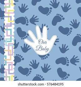 Background with footprint and handprints pattern. Vector illustration. Cover, photo album, wallpaper, flyers, invitation, posters, brochure, banners. EPS10 Vector illustration. Baby pattern. 
