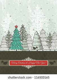 background with forest of christmas trees, vector illustration
