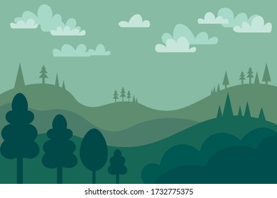 Background of the forest. Trees, fir trees, mountains, surroundings. Green forest.