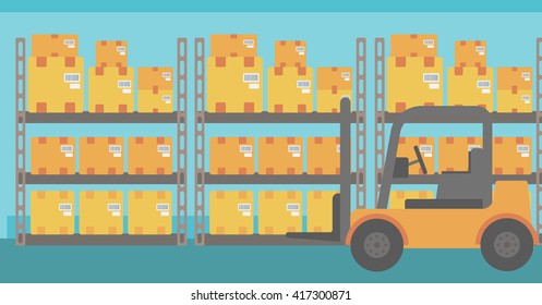 Background of forklift truck and cardboard boxes in warehouse.