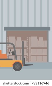 Background of Forklift truck and cardboard boxes in warehouse vector flat design illustration. Vertical layout.