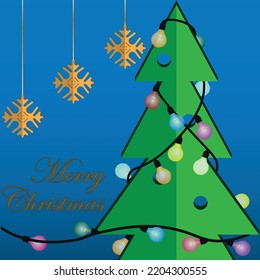 background in the form of a Christmas card with a Christmas tree and garlands on a blue background