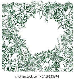 Background in the form of a frame from the contour of flowers - roses, peonies, carnations, chrysanthemums, asters and leaves