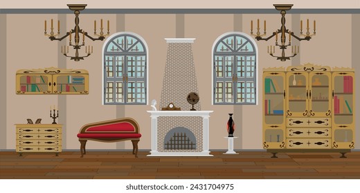 background in the form of the interior of a bright living room with a fireplace