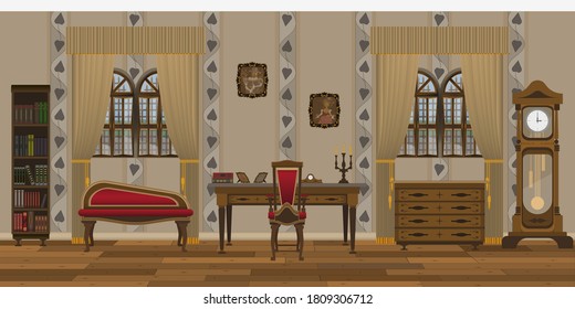 Background in the form of the interior of a living room or study with windows in the old style