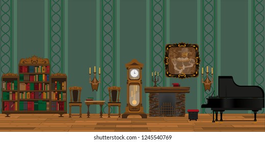 background in the form of the interior of an old living room with a fireplace, a grand piano and a large bookcase.