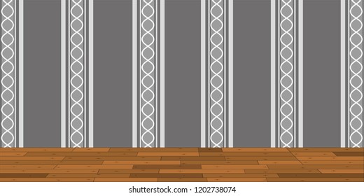 Background in the form of an interior room without furniture with wallpaper and wooden floor.
