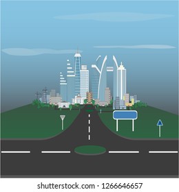 
background in the form of a large city in the background with tall buildings, roads and trees.